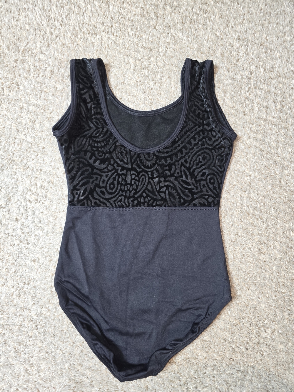 Eurotard Girl's Ballet Black Velvet Couture Patterned Scoop Leotard Size Medium
